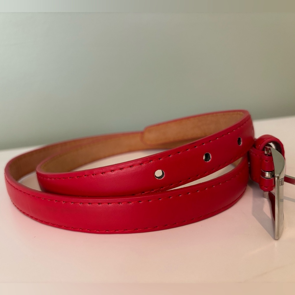 Milano Red Skinny Belt XL 38-41 Minimalist Silver Buckle - Picture 5 of 7